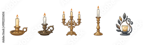 Various elegant candle holders and candelabras illuminate with warm, flickering light, creating a cozy and inviting atmosphere for any occasion or celebration.