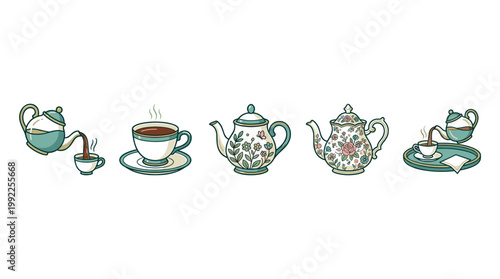 Various decorative teapots and cups with elegant floral designs, some actively pouring hot tea, creating a charming and cozy beverage illustration.