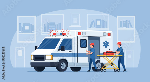 Paramedics with Ambulance and Stretcher, Emergency Medical Services, Healthcare Professionals
