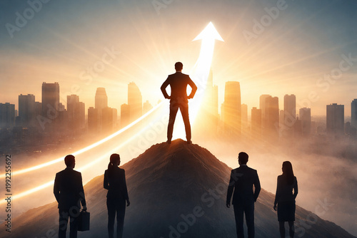 Leadership in the City: A motivational image of a leader standing on a peak, looking ahead, with a team in front of him. Arrows point up to the sky toward success.