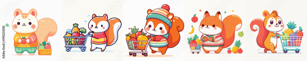 Fototapeta premium cute squirrel vector shopping for fruit