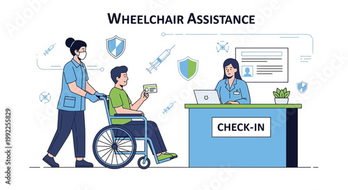 Patient In Wheelchair Arriving For Check-in At Medical Facility With Nurse Assistance