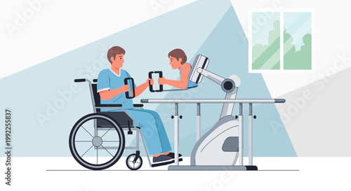 Patient in wheelchair undergoes robotic physical therapy with therapist assistance