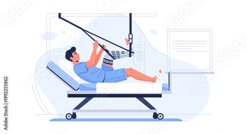 Patient recovering in hospital bed with traction device for leg injury and physical therapy