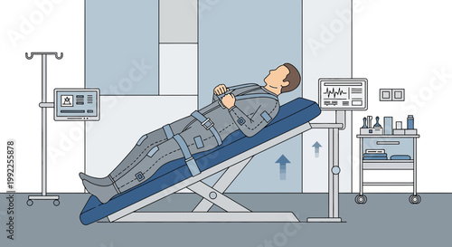 Patient on tilt table undergoing medical rehabilitation in a hospital setting