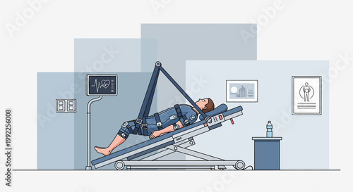 Patient undergoing tilt table therapy for rehabilitation and medical treatment