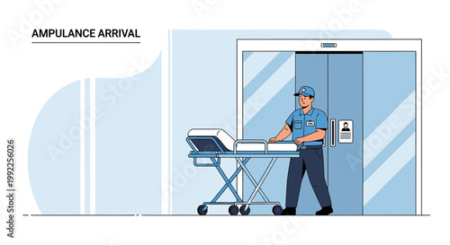 Paramedic with Stretcher Enters Hospital Elevator for Patient Transport