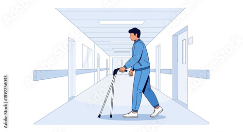 Patient walking with walker in hospital corridor, rehabilitation and recovery concept