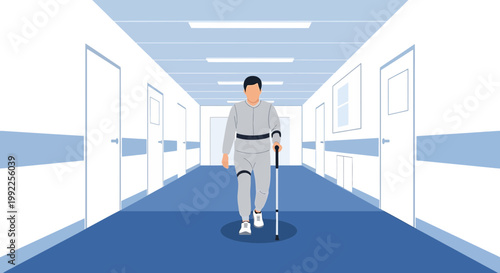Patient with crutch walking in hospital corridor after surgery or injury