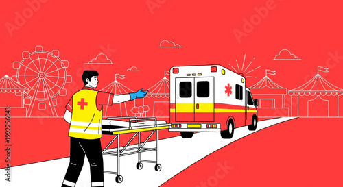 Paramedic with Stretcher Guides Ambulance at Fairground with Ferris Wheel and Tents