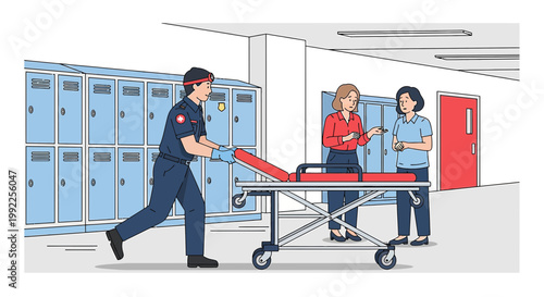 Paramedic with Stretcher in Hallway with Lockers and Colleagues