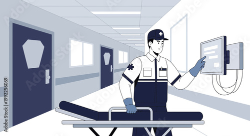 Paramedic with Stretcher in Hospital Hallway Interacting with Digital Screen