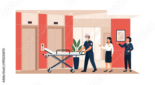 Paramedic with Stretcher in Hospital Hallway, Welcomed by Staff