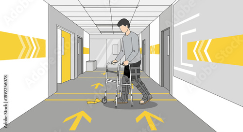 Patient with walker and exoskeleton in hospital corridor, rehabilitation and recovery