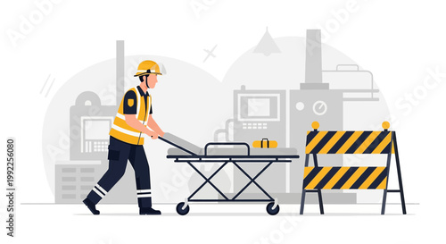 Paramedic with Stretcher in Industrial Setting, Safety and Emergency Response