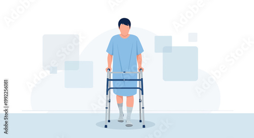 Patient with walker recovering from surgery or injury, rehabilitation and physical therapy