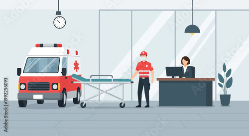Paramedic with Stretcher in Modern Office Lobby, Ambulance Outside