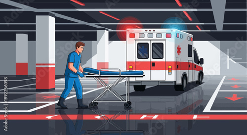 Paramedic with Stretcher in Parking Garage, Ambulance with Flashing Lights