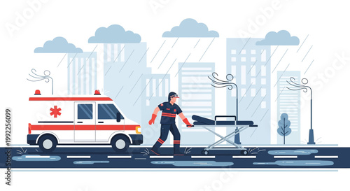 Paramedic with Stretcher in Rainy City, Ambulance Arriving