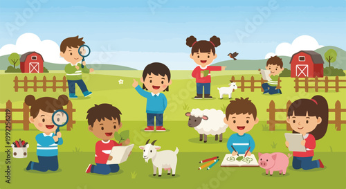 Diverse children enjoy a fun educational field trip to a farm, observing nature with magnifying glasses and drawing animals in the sunny outdoors.