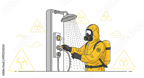 Person in Hazmat Suit Decontaminating Under Safety Shower with Biohazard Symbols