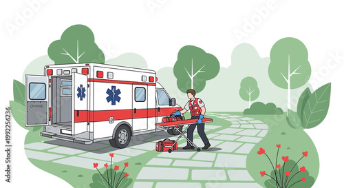 Paramedic with Stretcher Near Ambulance in Park, Emergency Medical Services
