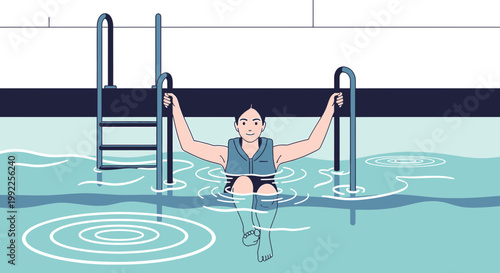 Person in life vest holding onto pool ladder, water ripples, swimming pool