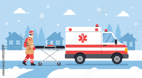 Paramedic with Stretcher near Ambulance in Snowy Town