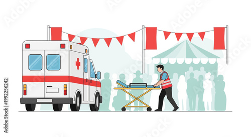 Paramedic with Stretcher near Ambulance at Outdoor Event with Crowd and Tent