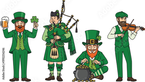 Four cartoon men celebrate st patrick s day with irish traditions