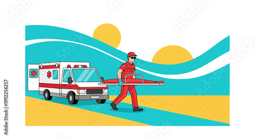 Paramedic with Stretcher near Ambulance on Beach with Waves and Sun