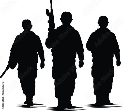 Silhouette of three soldiers walking forward weapons visible