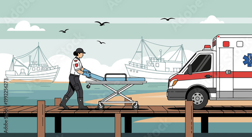Paramedic with Stretcher near Ambulance on Dock with Fishing Boats