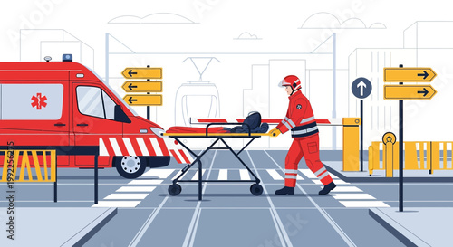 Paramedic with Stretcher near Ambulance on City Street, Emergency Response