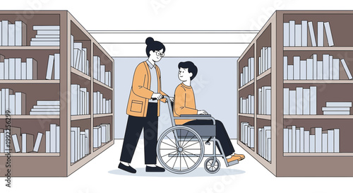 Person in wheelchair being helped by caregiver in library aisle with bookshelves