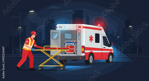 Paramedic with Stretcher, Ambulance Responding to Emergency in Futuristic City