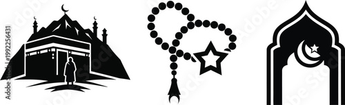 Islamic symbols including the kaaba prayer beads and a mosque archway
