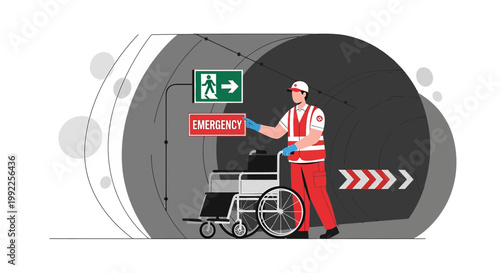 Paramedic with Wheelchair in Emergency Exit Tunnel, Patient Transport and Safety