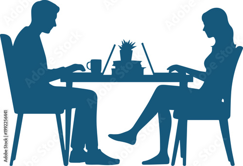 Silhouette of a Man and Woman Working on Laptops at a Desk in a Minimalist Office Setting