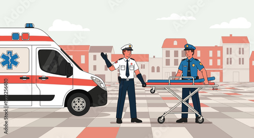 Paramedics and Police Officer Coordinate Ambulance Arrival and Patient Transport