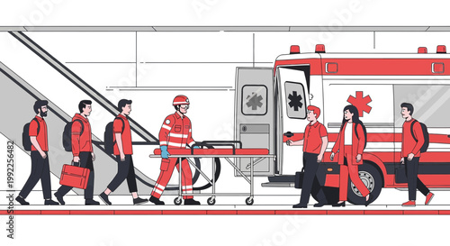 Paramedics and Bystanders Assist Patient with Stretcher Near Ambulance