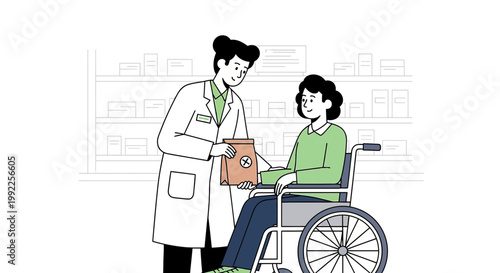 Pharmacist gives medicine to patient in wheelchair at pharmacy