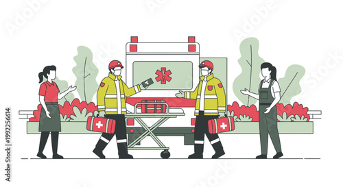 Paramedics assist patient with ambulance and medical equipment, emergency medical services concept