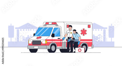 Paramedics assist patient with first aid kit near ambulance at outdoor event