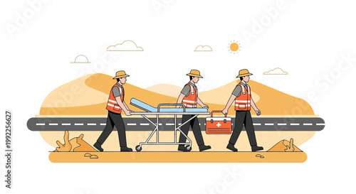 Paramedics Carry Stretcher and First Aid Kit in Desert Landscape