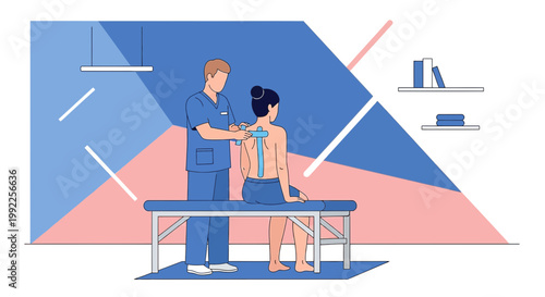 Physical Therapist Applying Kinesiology Tape to Patient's Back for Rehabilitation