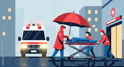 Paramedics in Rain Transport Patient Under Umbrella to Ambulance Outside Hospital