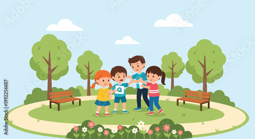 Four cheerful children gather in a vibrant green park to play and learn together under a clear blue sky with fluffy white clouds.