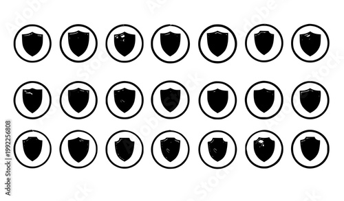 Security shield icons in circular frames vector set with lock and check protection design