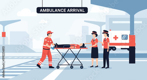 Paramedics Transfer Patient from Ambulance to Hospital Entrance